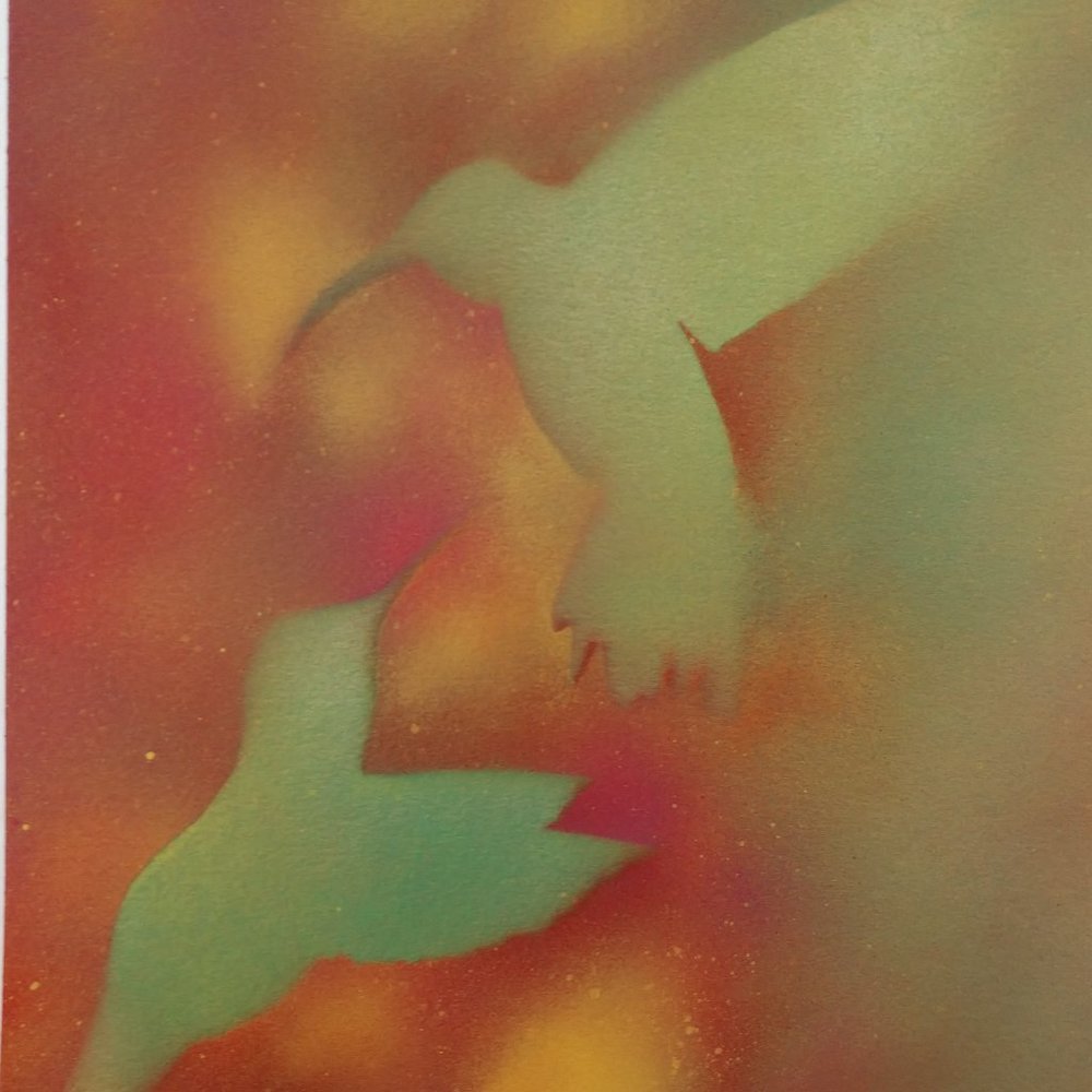 Handmade Abstract Painting of Two Green Hummingbirds In Flowers on 15x11 paper